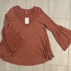 Free People Bell Sleeve Ribbed Blouse L NWT